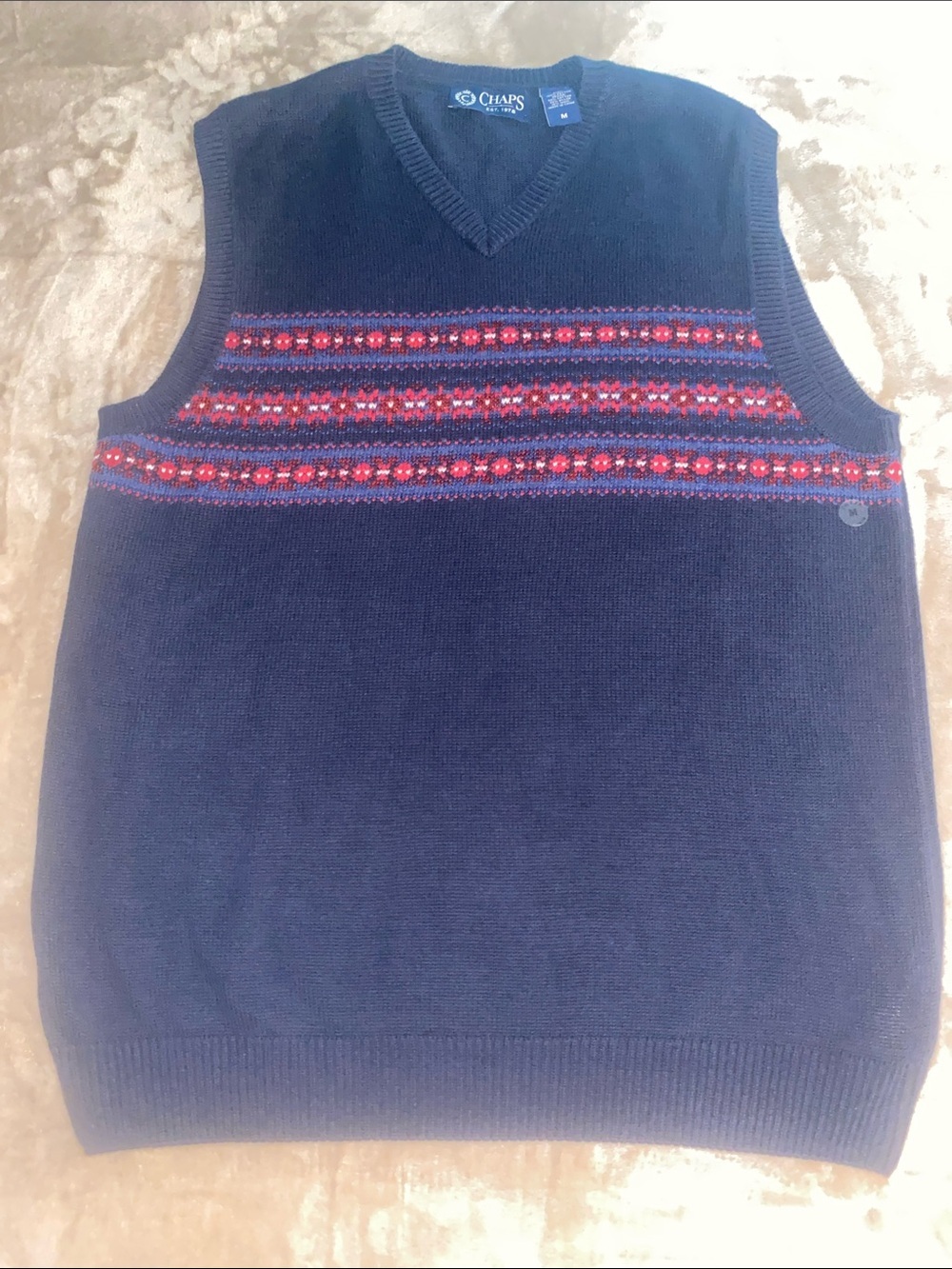Chaps Navy V-Neck Sweater Vest with Red Fair Isle Accent